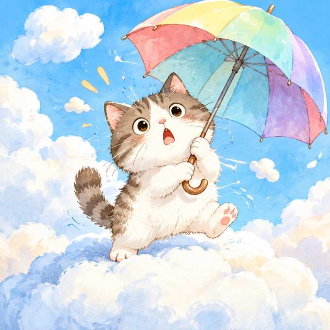 雲の上なのに、猫だけ雨予報を聞いて傘を持ってきました。